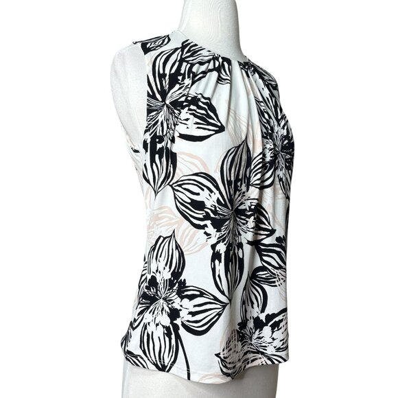 Calvin Klein Floral Blouse Size Small White Black Pink Pleated Neck - Picture 2 of 7